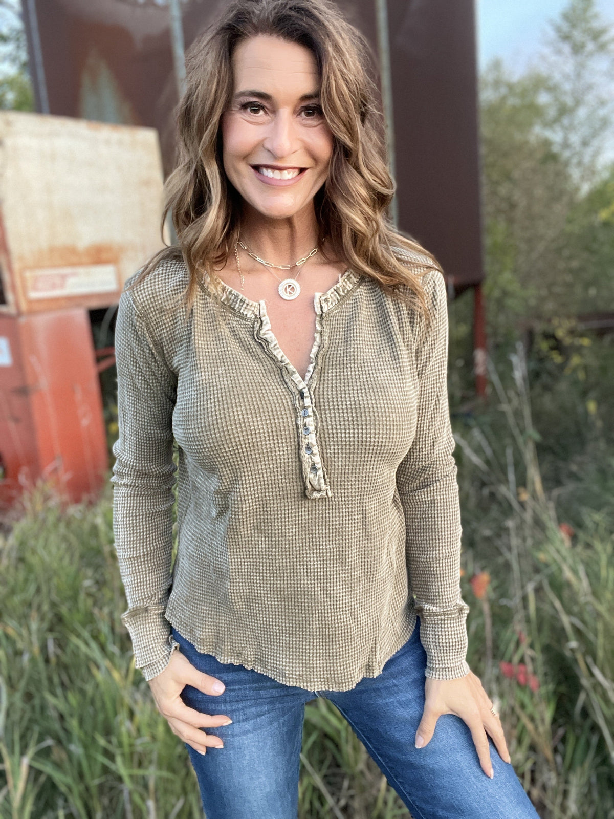 Up For It Washed Henley Waffle Top In 5 Colors *Final Sale*