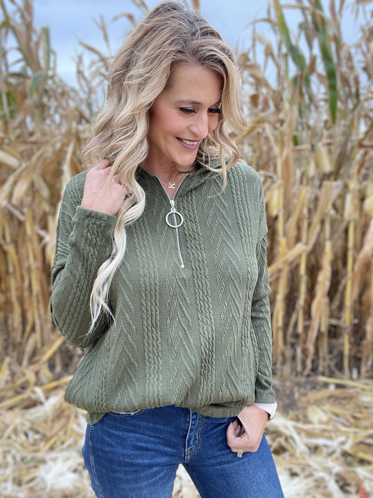Evergreen And Ivy Textured Quarter Zip Hoodie Top *Final Sale*