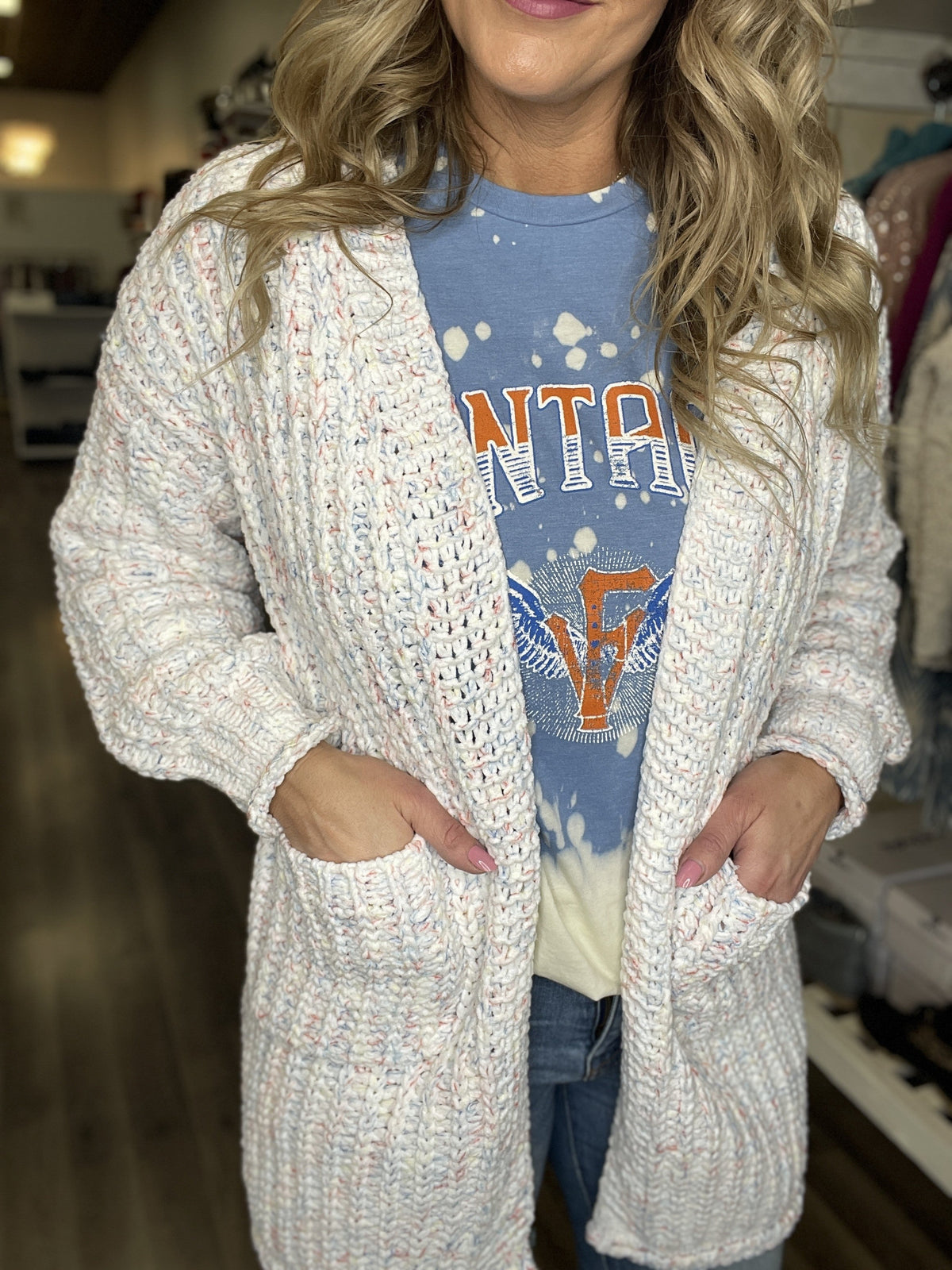 Pol Sweet As Sugar Oversized Soft Cardigan In Heathered Ivory, Blue, Pink