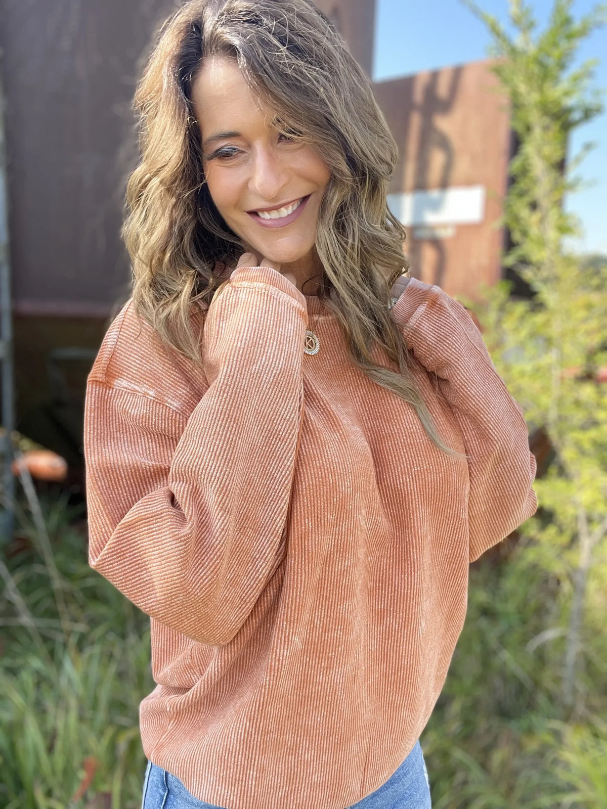 Snow Washed Essential Corded Crew Sweatshirt in Rust