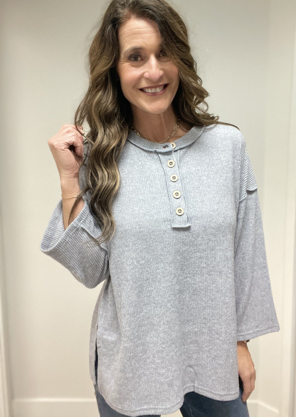 Button Me Up Brushed Ribbed Top in Heather Grey *Final Sale*