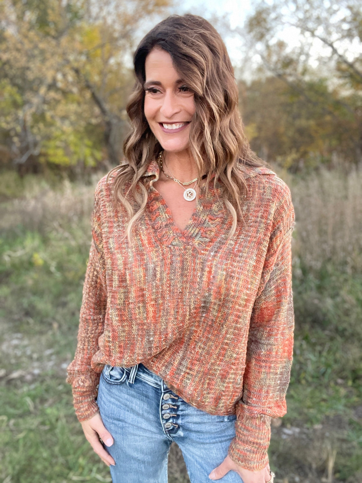 Blissful Amber & Olive V Neck Collared Knit Sweater *Final Sale*