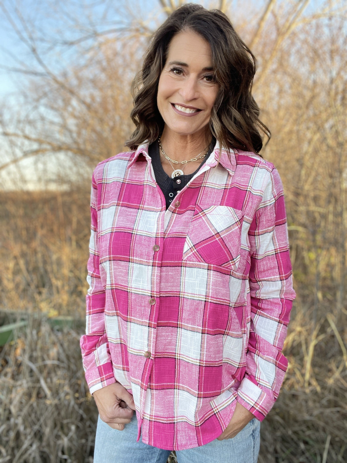We Got You Plaid Button Up Shirt In 4 Colors: Pink, Camel, Teal, Purple *Final Sale*