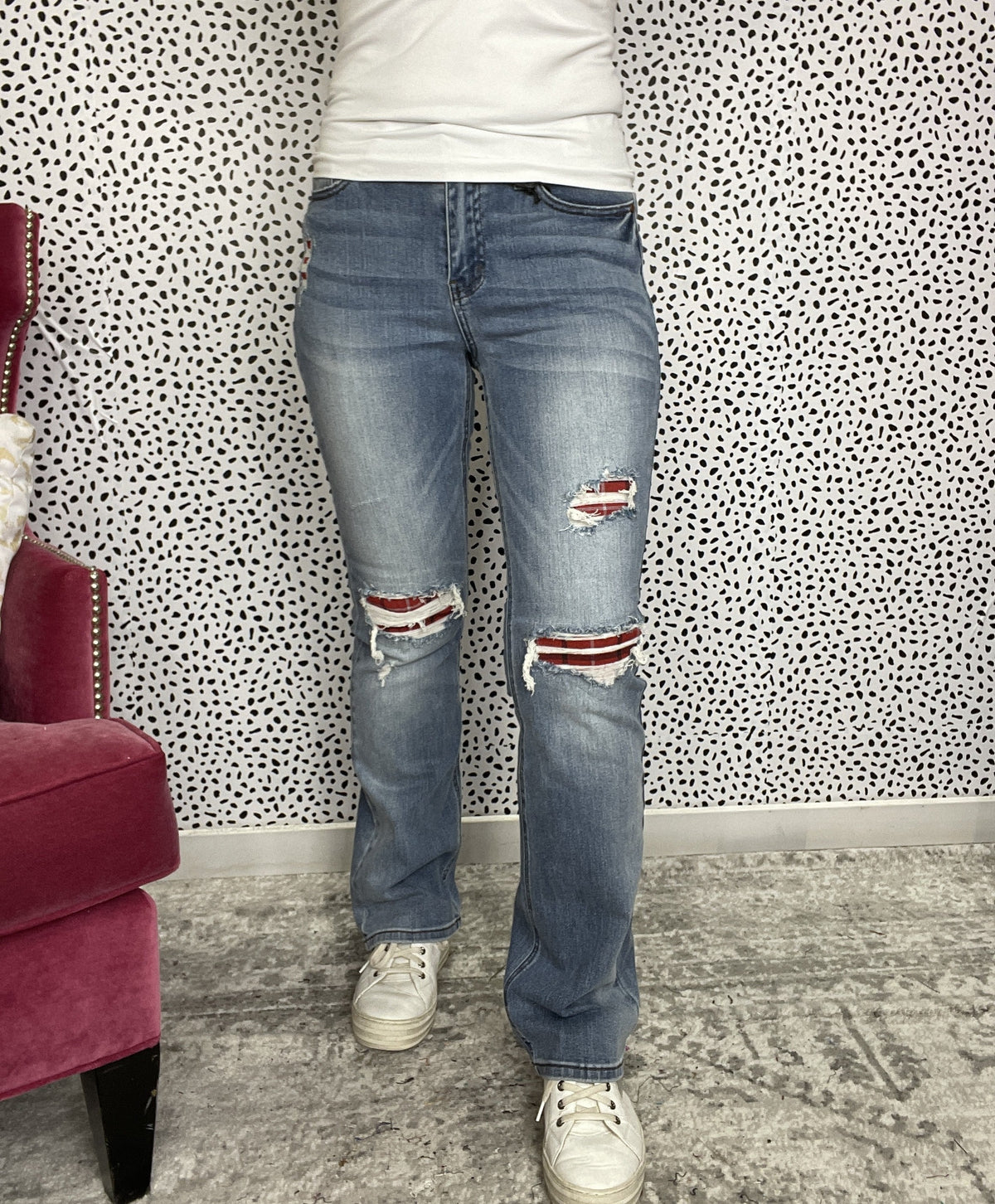 Judy Blue Holly Plaid Patch Boot Cut Jeans 696