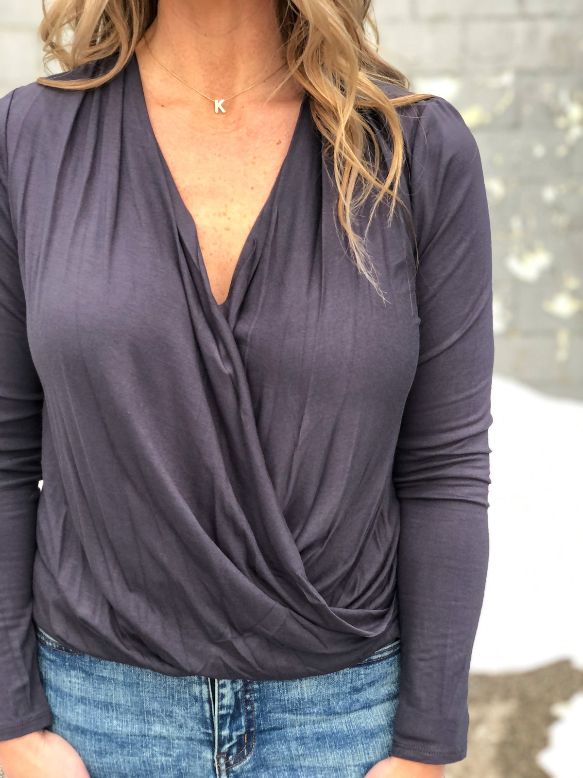 Cross Over Delight Bloused Hem Top Steel Blue *Final Sale*