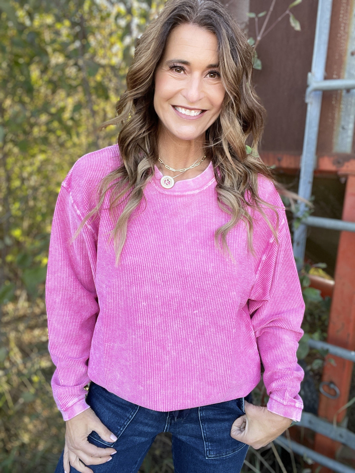 Snow Washed Essential Corded Crew Sweatshirt in Deep Pink