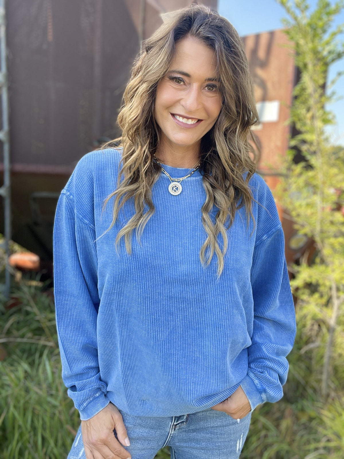 Snow Washed Essential Corded Crew Sweatshirt in Royal