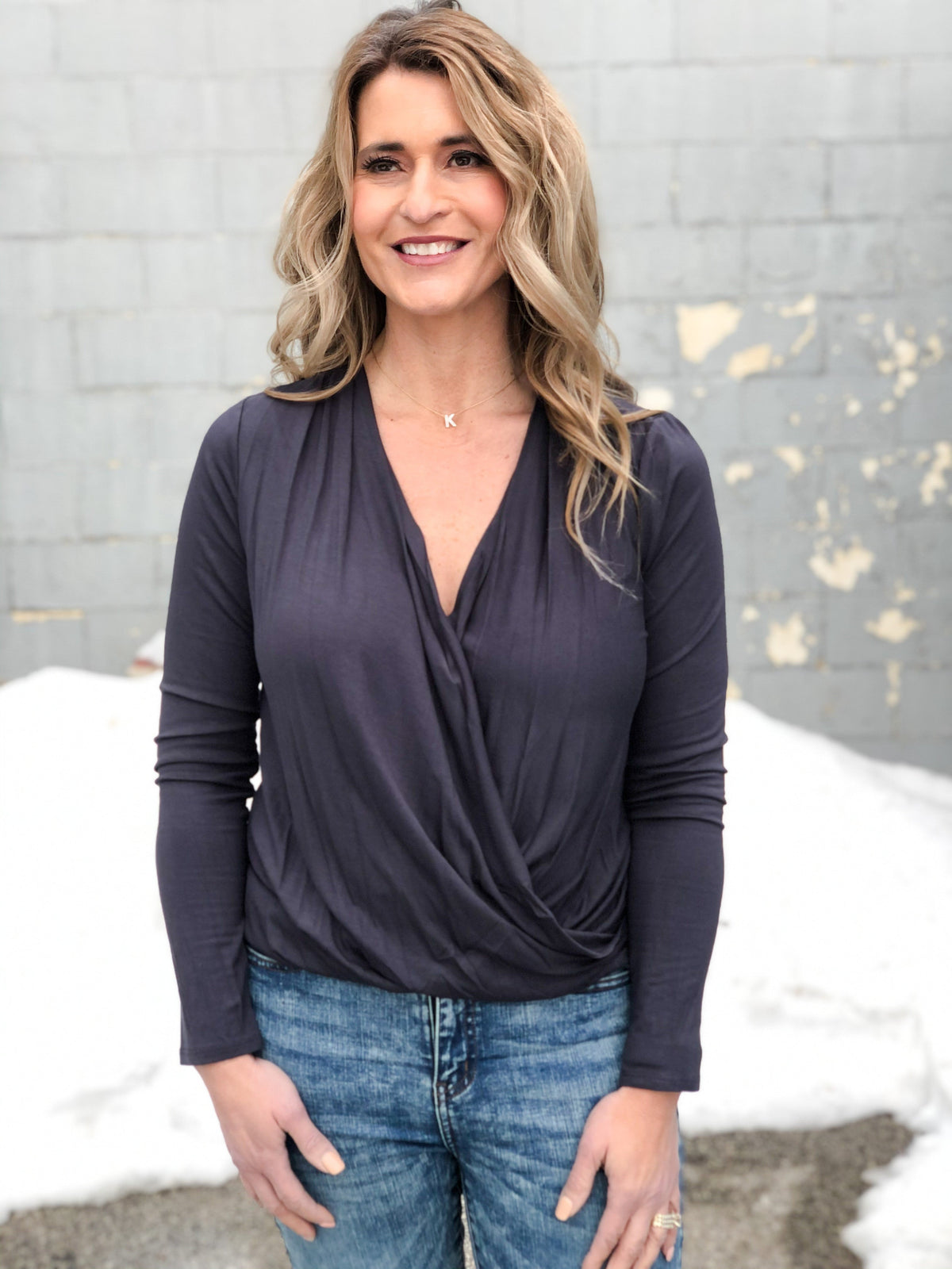 Cross Over Delight Bloused Hem Top Steel Blue *Final Sale*