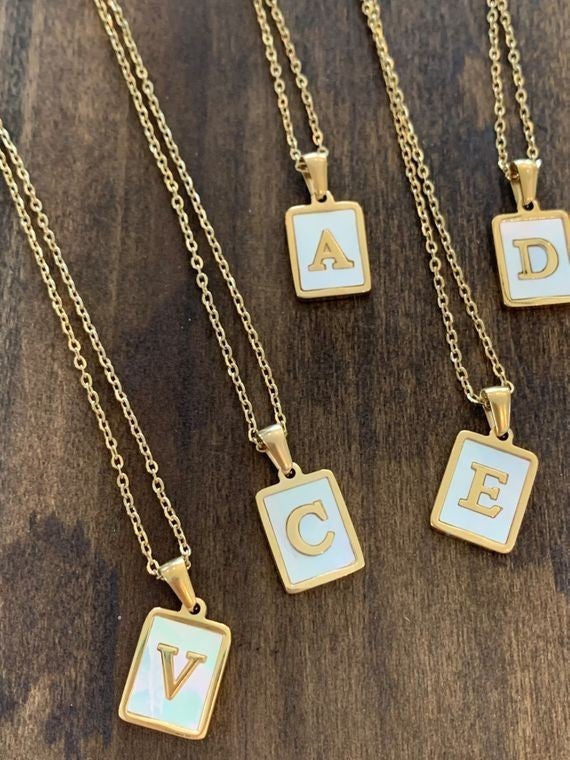 White Pearl Initial Square Necklace